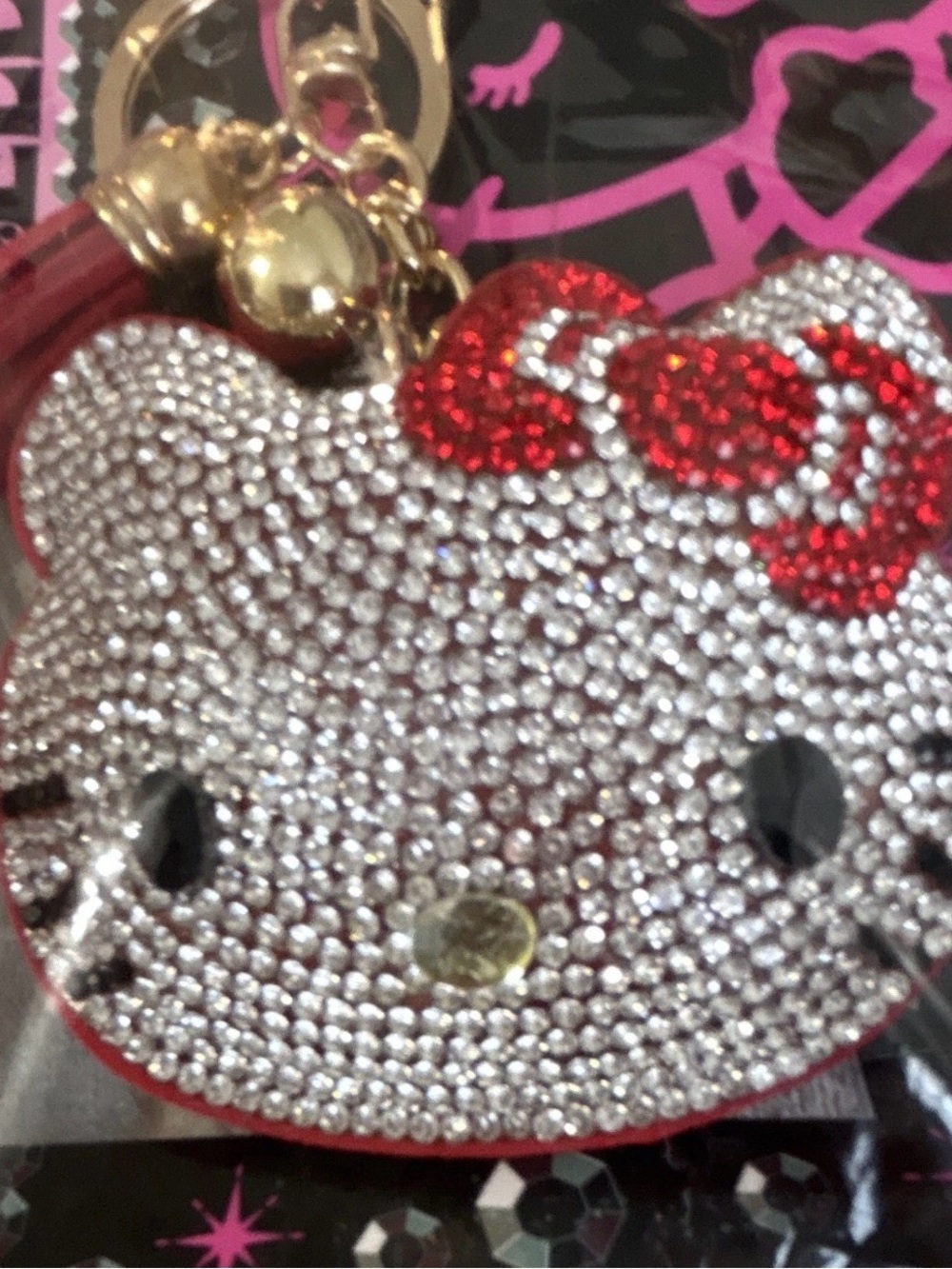 Hello Kitty Crystal Face Charm Keychain in Silver and Red